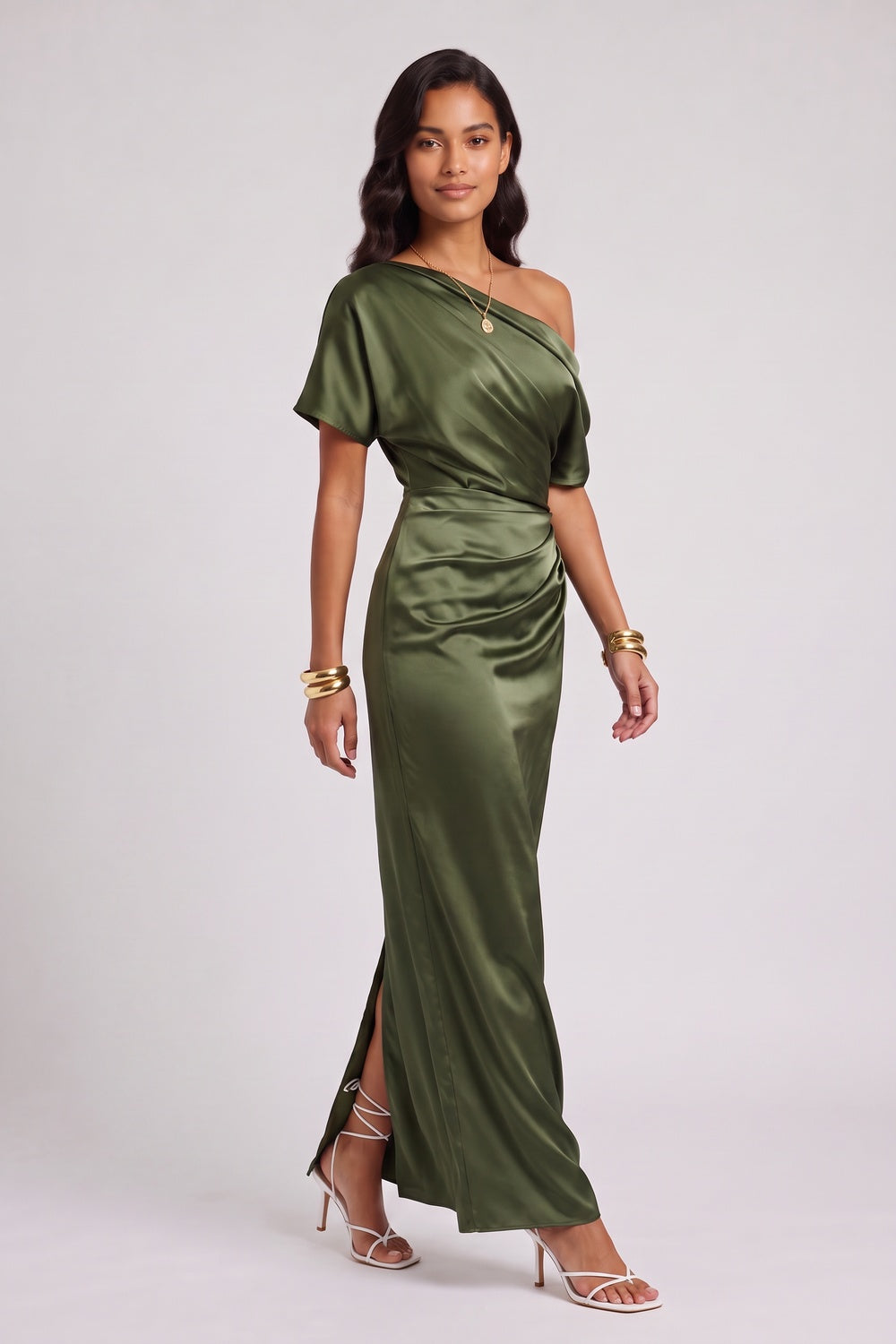 OLIVE SATIN COLUMN DRESS – FORMAL EVENING