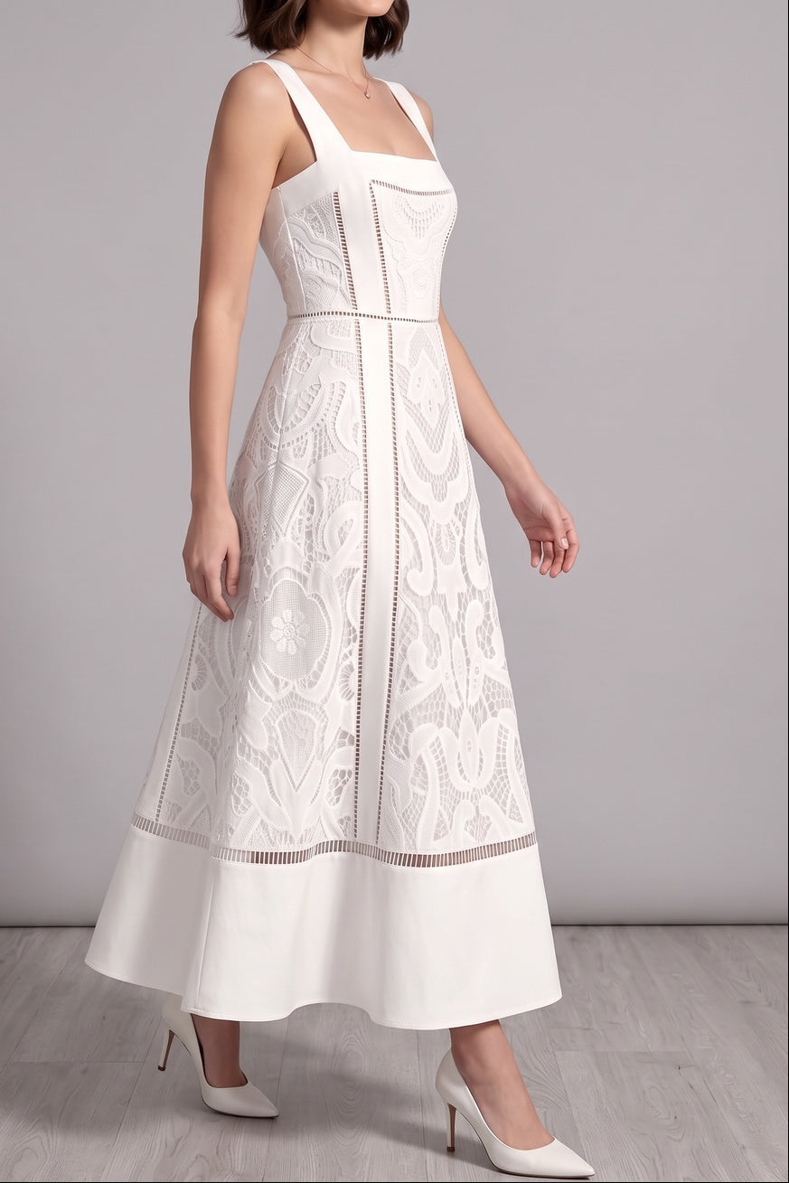 1c8fd32f187a2b79 WHITE EYELET LACE A-LINE MIDI DRESS - SUMMER STYLE