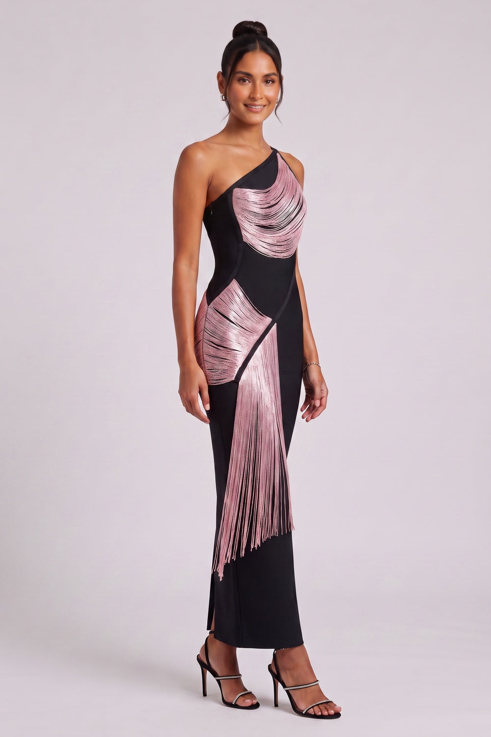 1dbf22d1f6894c42 BLACK ONE-SHOULDER FRINGE COLUMN DRESS - PARTY