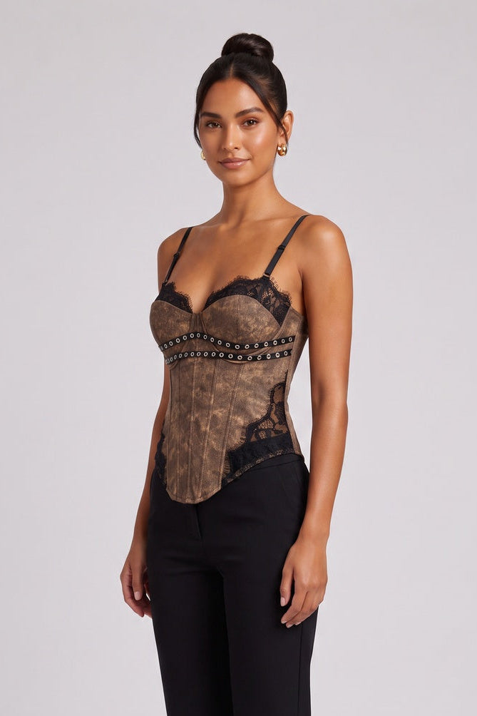 1f7788fa4557e0f3 BROWN LACE BUSTIER CORSET TOP - STRUCTURED PARTY STYLE