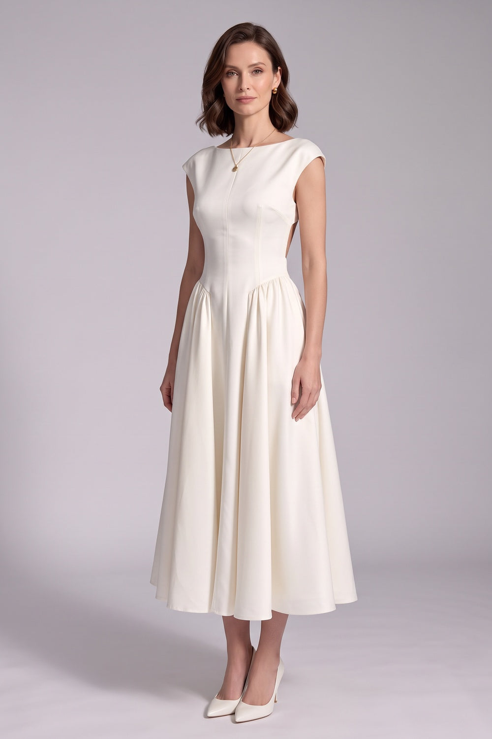 2038dae375cfd93a IVORY SATIN FIT-AND-FLARE MIDI DRESS – WEDDING GUEST