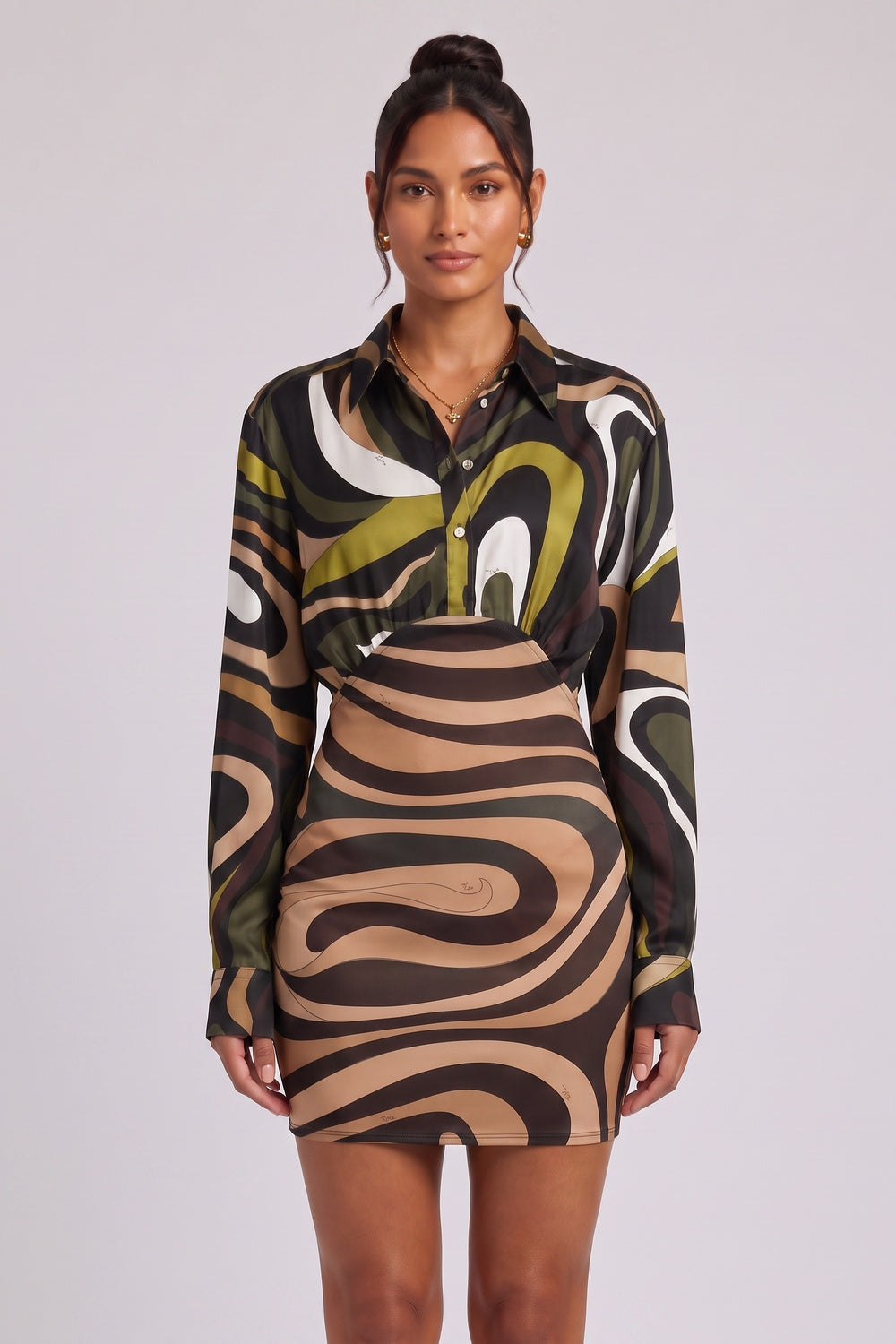 215f1e47c3405a1b OLIVE SATIN BLOUSON MINI DRESS – FITTED SHIRT SILHOUETTE