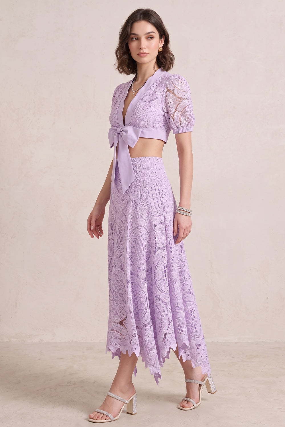 219d3e188b6fa76a LAVENDER CROCHET LACE CROP TOP & A-LINE SKIRT SET