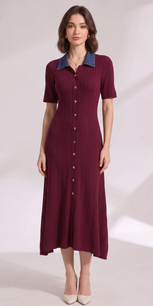 BURGUNDY RIBBED KNIT A-LINE DRESS - FALL WEDDING GUEST