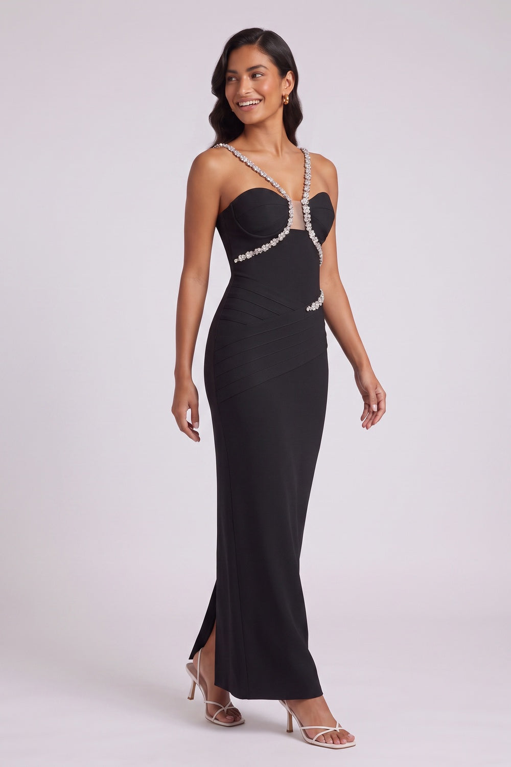 229821f959ca952f BLACK CRYSTAL COLUMN EVENING GOWN – STRETCH KNIT