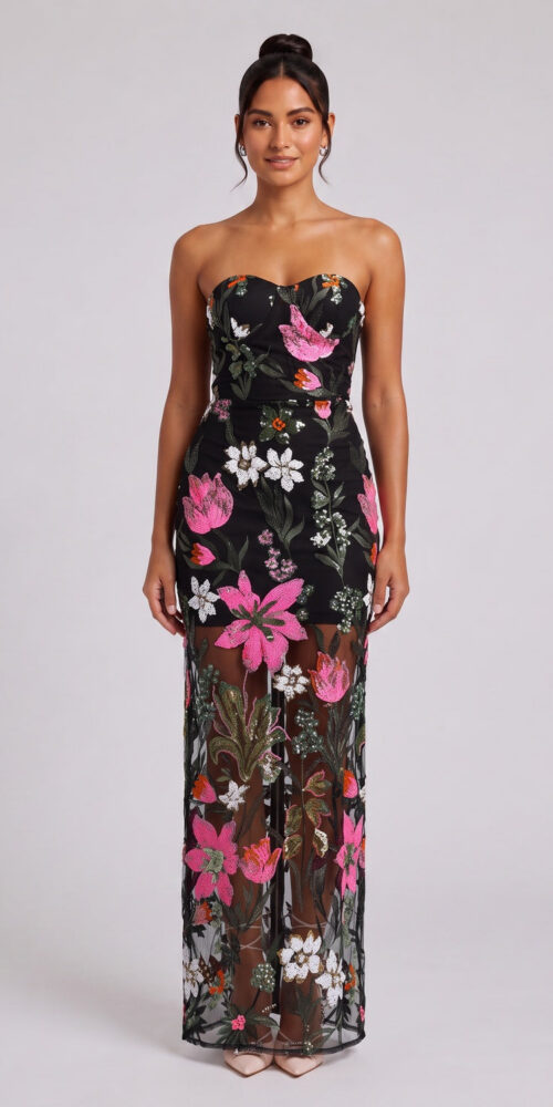 24f002b9eaef4bc1 BLACK FLORAL EMBROIDERED MESH MAXI DRESS FOR EVENING