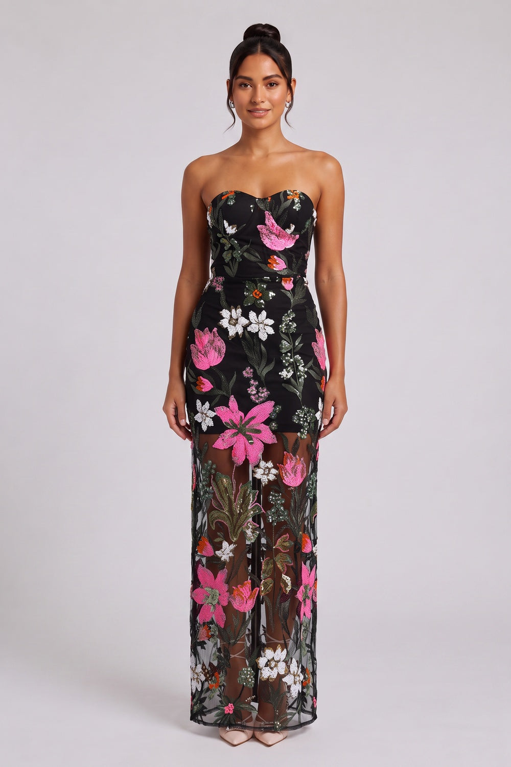 24f002b9eaef4bc1 BLACK FLORAL EMBROIDERED MESH MAXI DRESS FOR EVENING