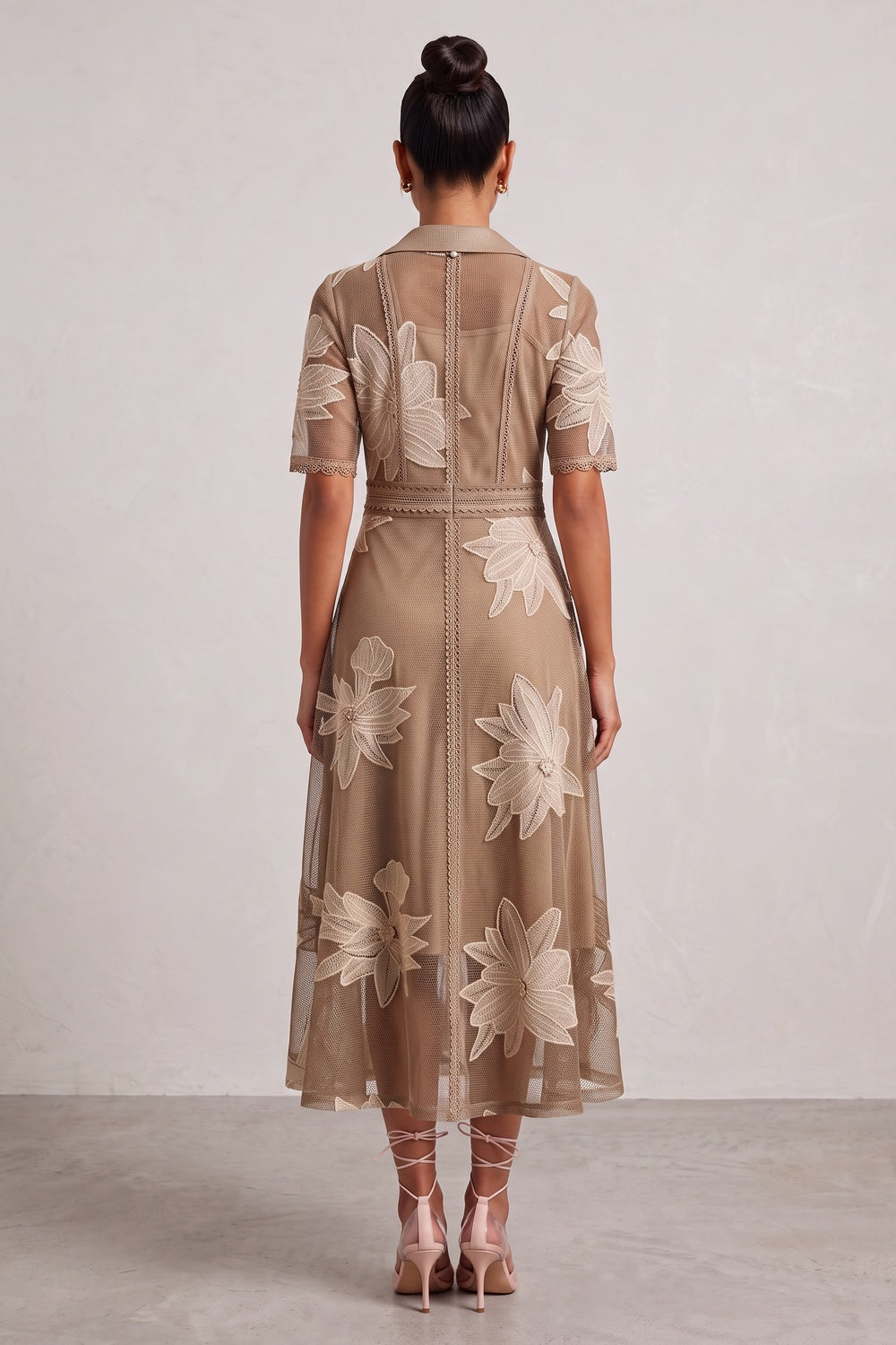 2512c33b3a452c10 TAUPE TULLE A-LINE MIDI DRESS FLORAL APPLIQUE