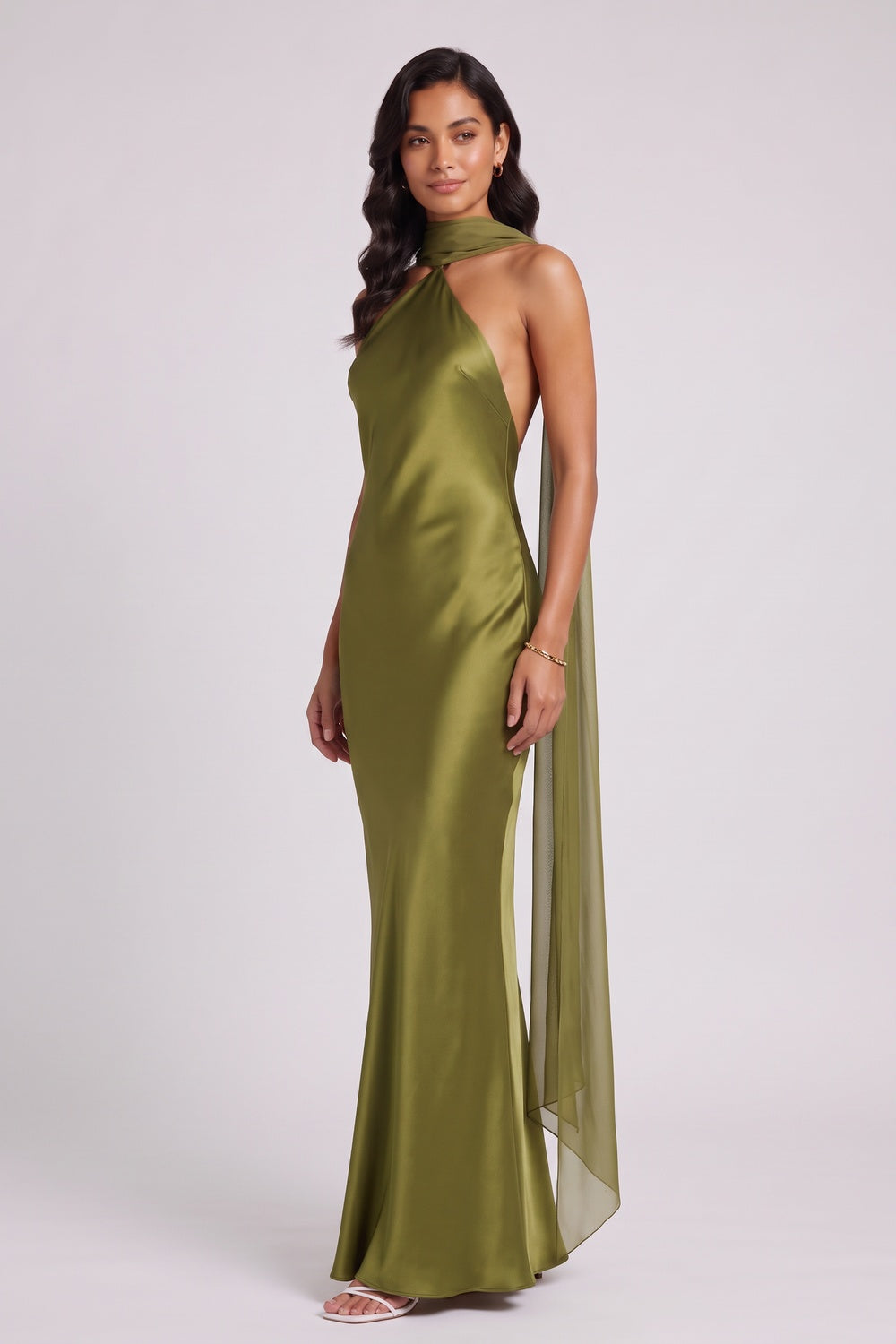 OLIVE SATIN COLUMN EVENING GOWN – FORMAL