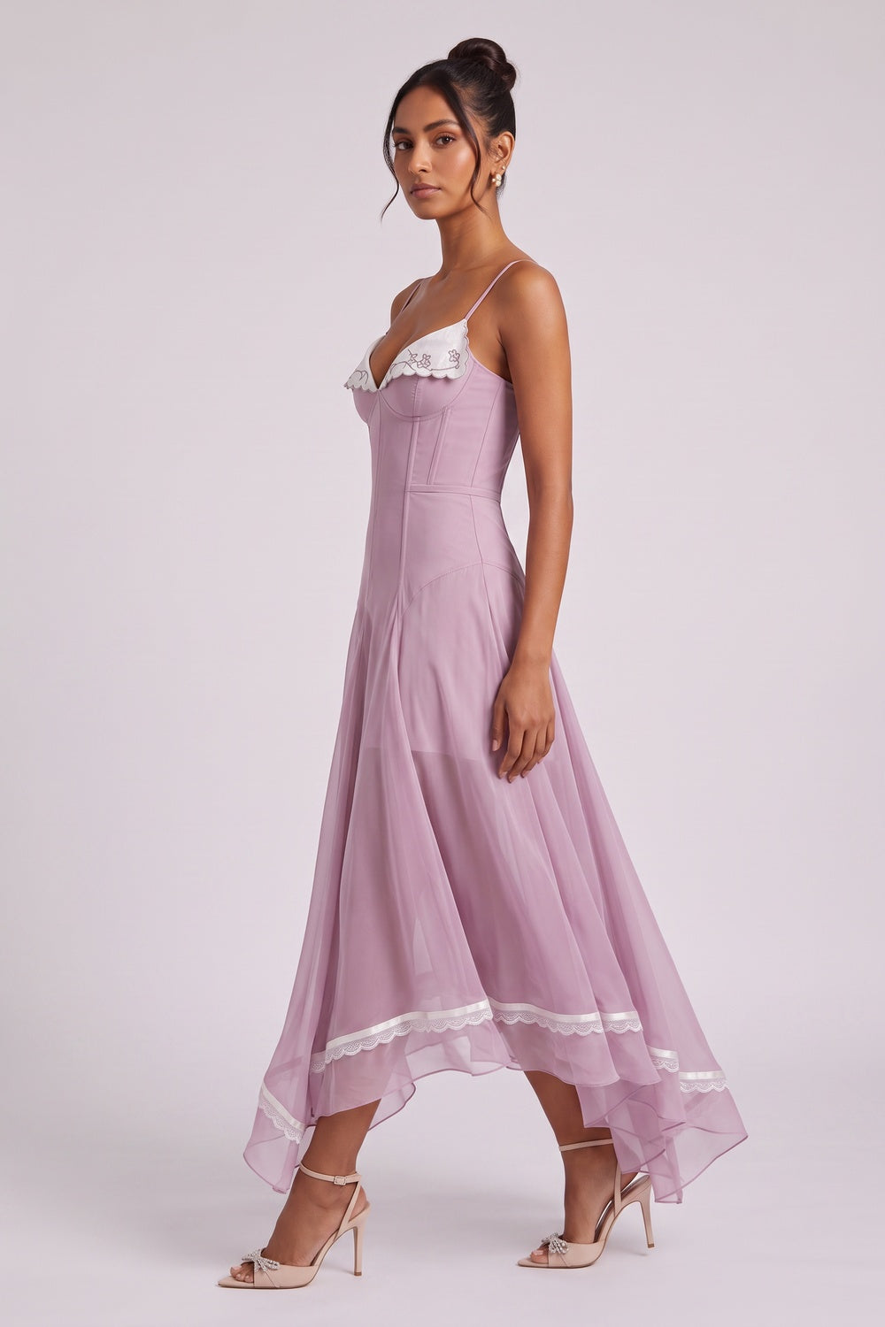 274d2e7944d22413 DUSTY LAVENDER CHIFFON FIT-AND-FLARE MIDI DRESS