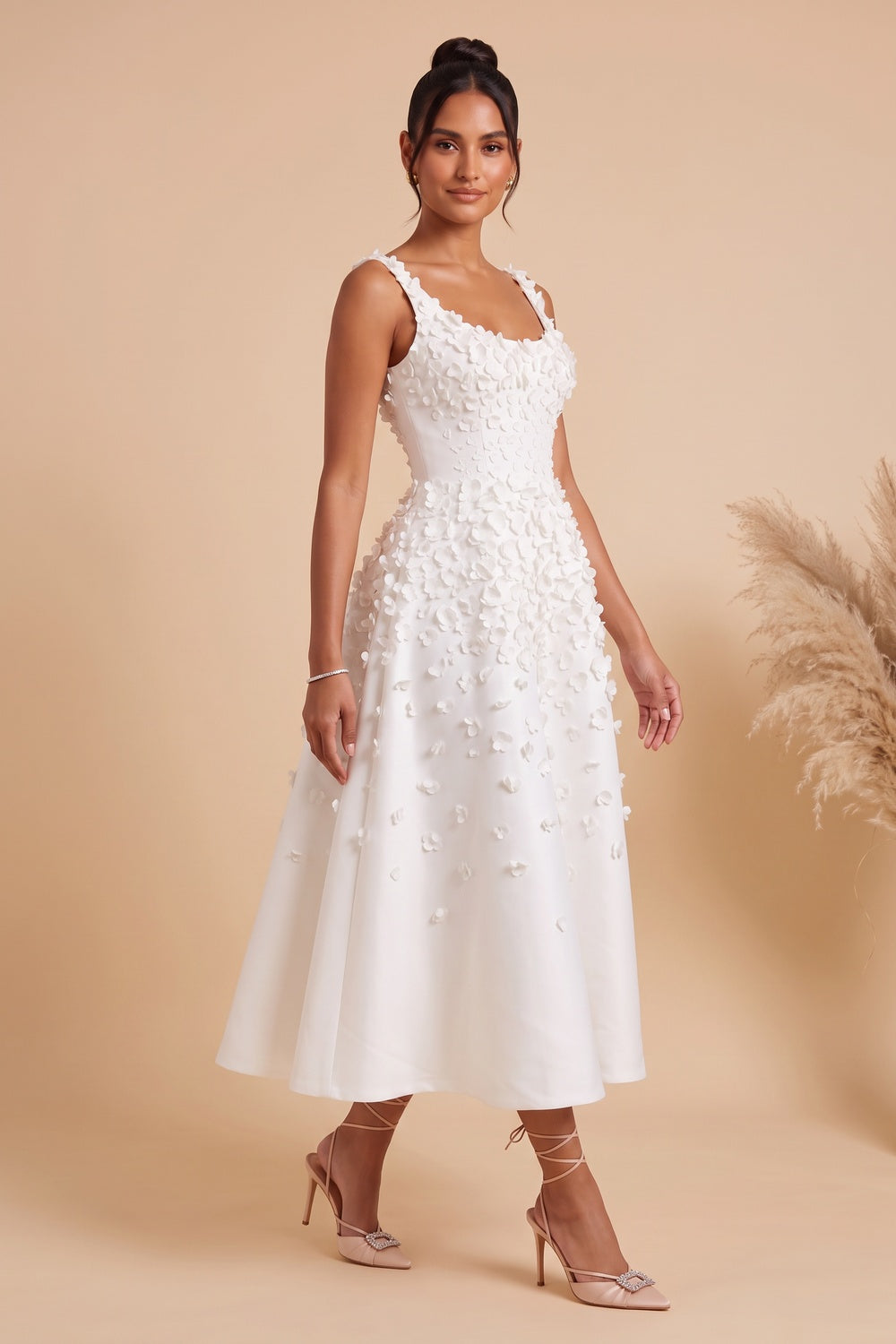 WHITE SATIN A-LINE MIDI DRESS | 3D FLORAL WEDDING GUEST