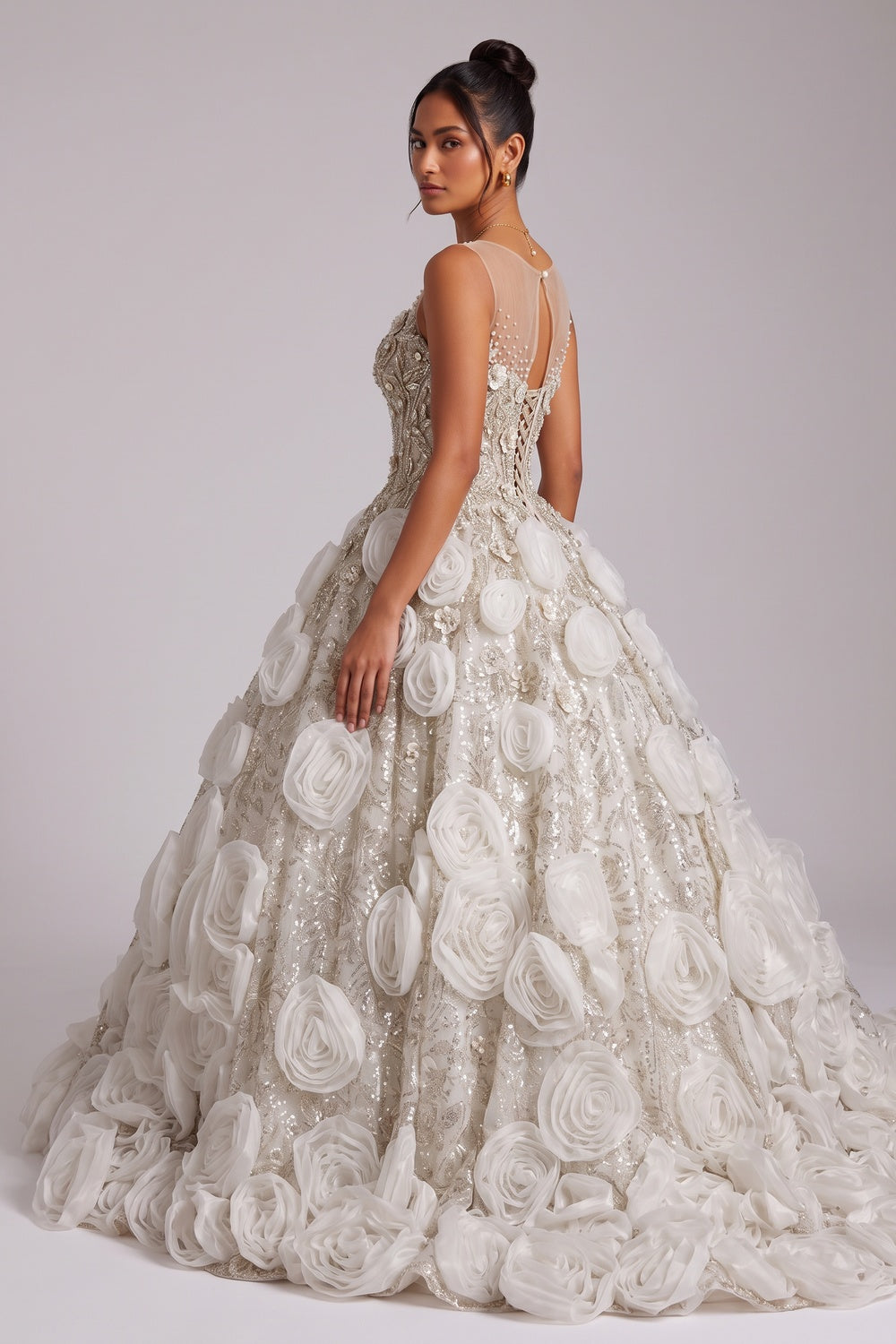 CHAMPAGNE ORGANZA BALLGOWN PROM DRESS 3D FLORAL