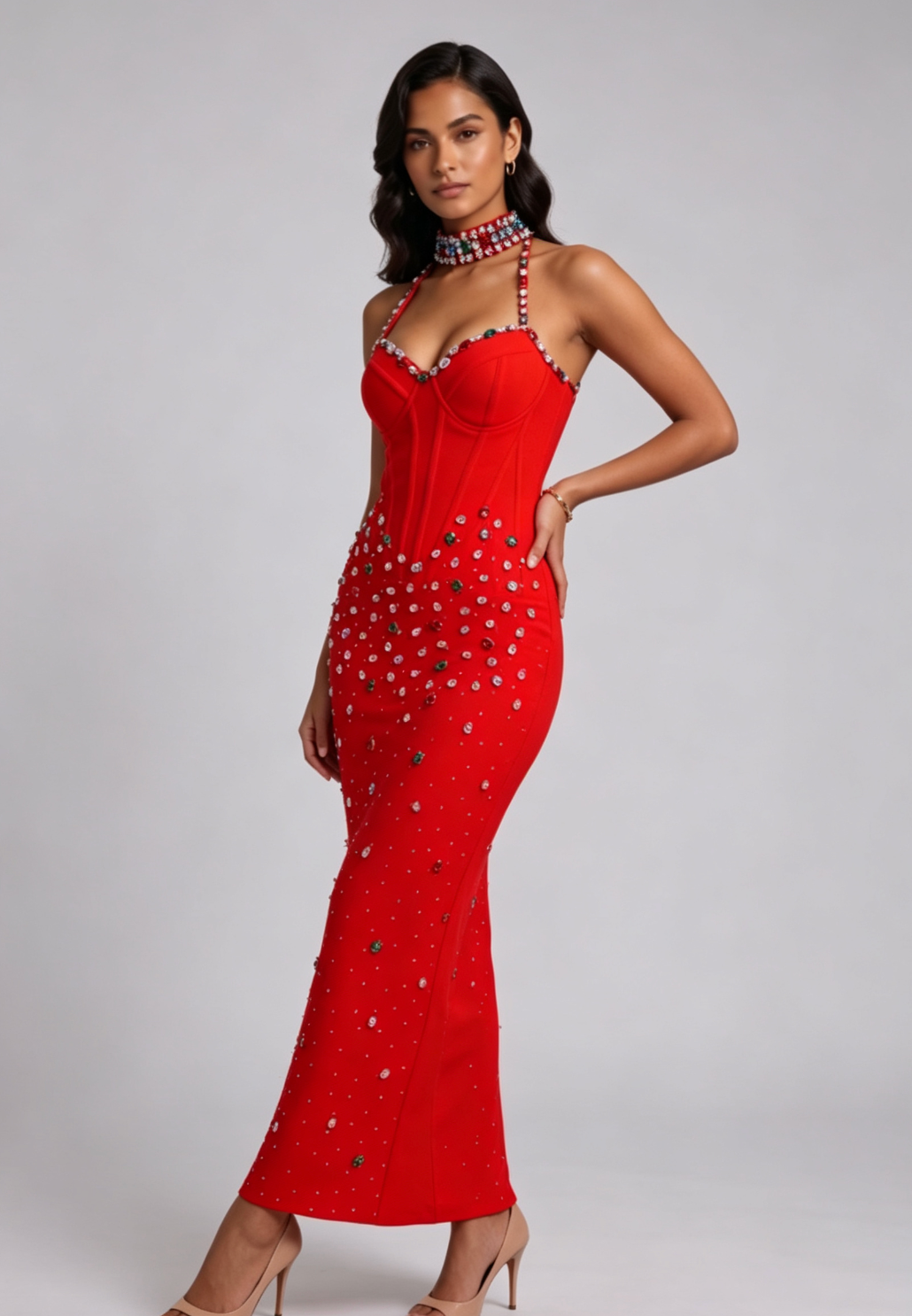 28413a15bea47fc44ebe3dd89e5284c5 RED HALTER SHEATH DRESS – EMBELLISHED COCKTAIL
