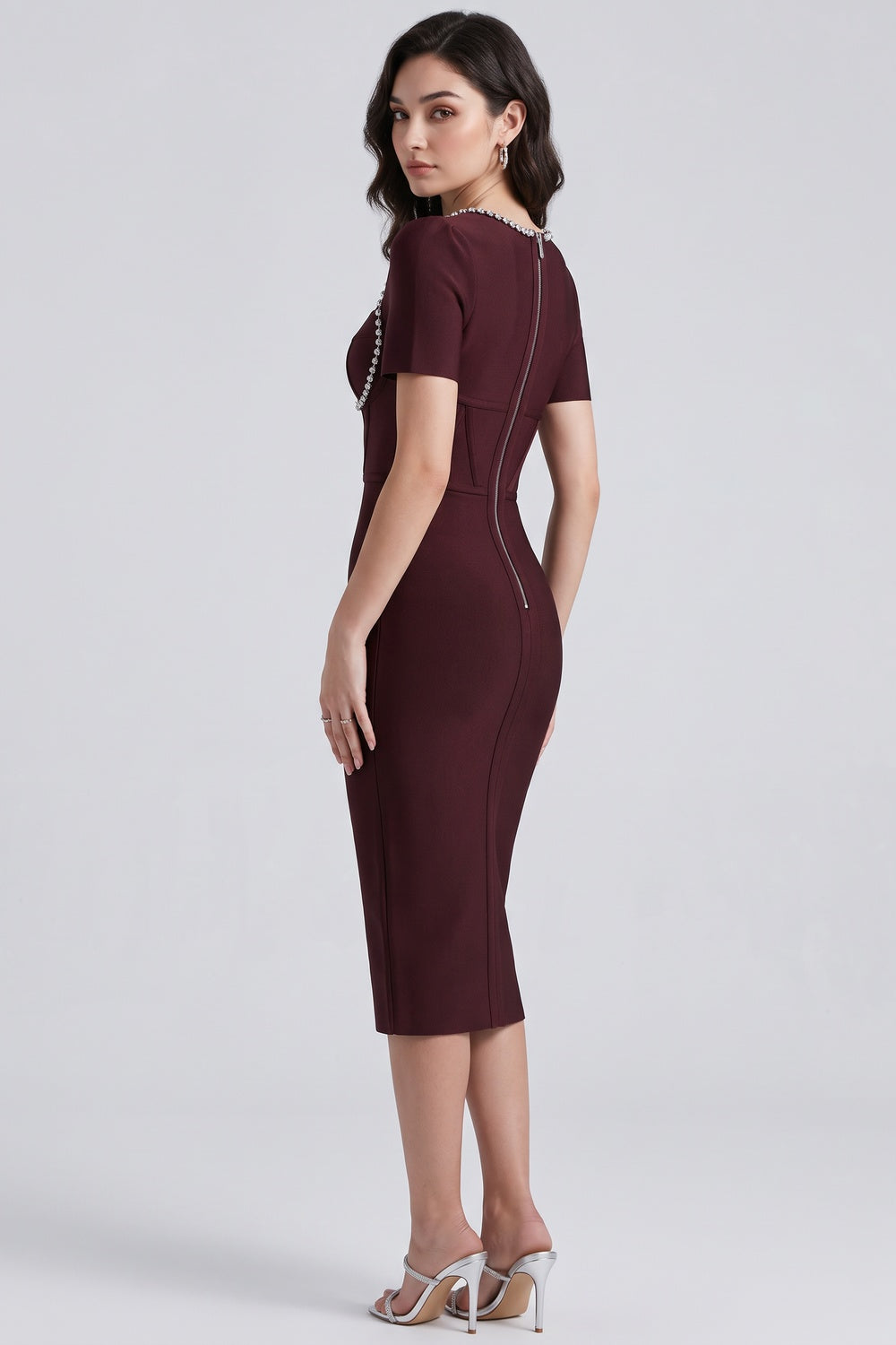 BURGUNDY BANDAGE BODYCON SHEATH DRESS