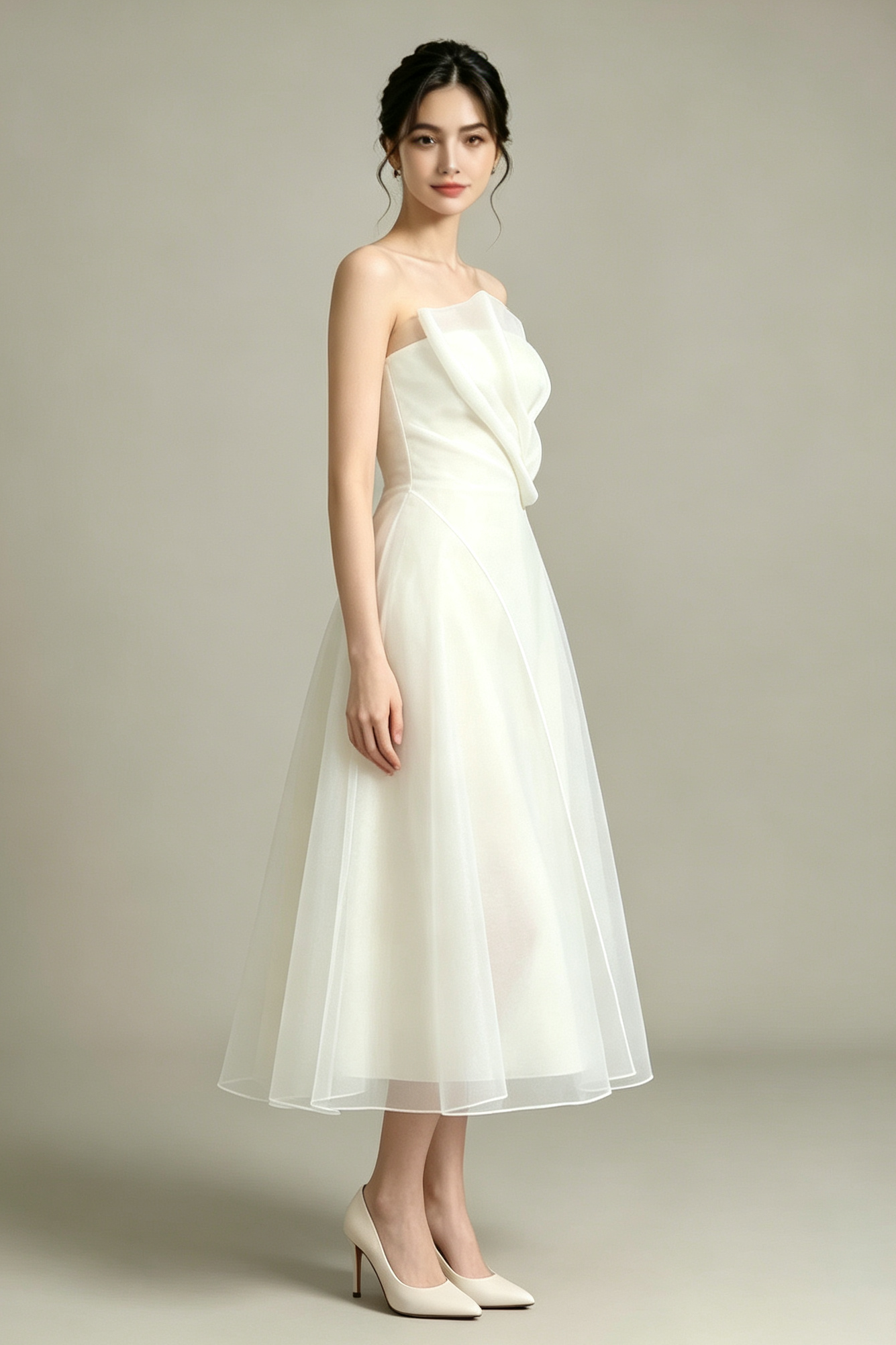 STRAPLESS ORGANZA MIDI DRESS – WHITE PROM & WEDDING