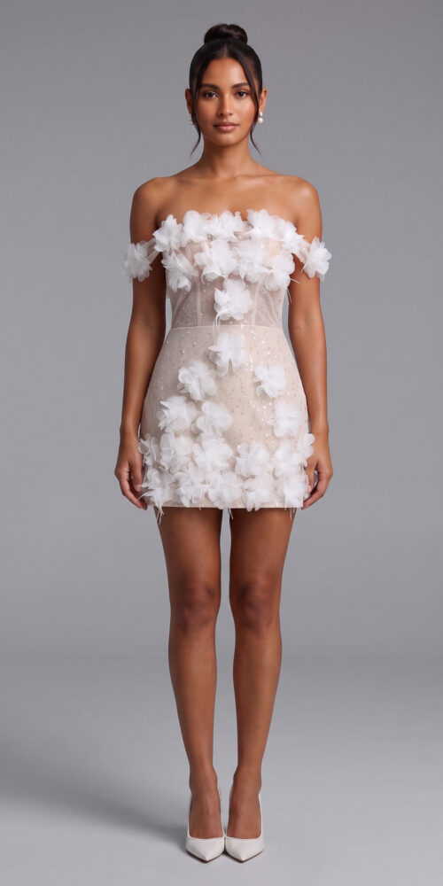 28b28cfc1e7b5de0 NUDE MESH SHEATH MINI DRESS 3D FLORAL COCKTAIL