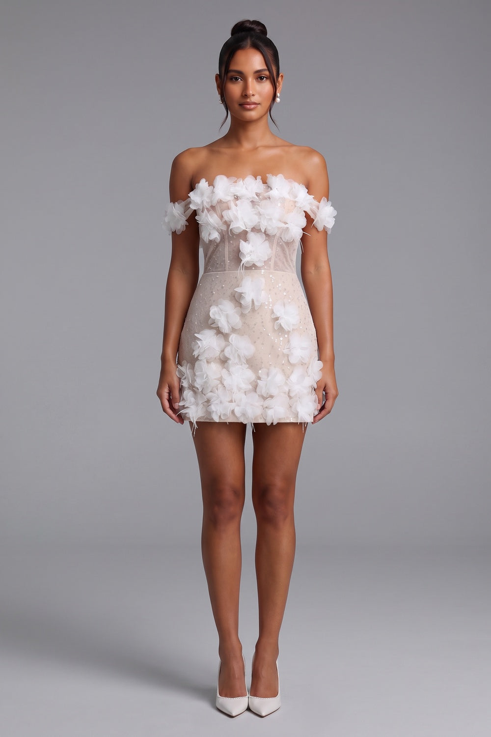 28b28cfc1e7b5de0 NUDE MESH SHEATH MINI DRESS 3D FLORAL COCKTAIL