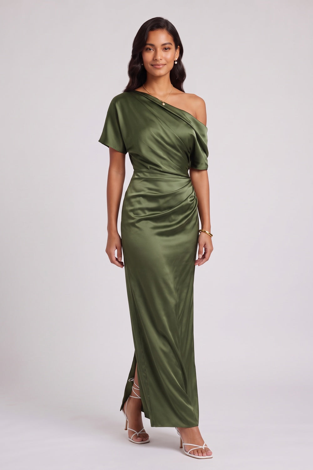 OLIVE SATIN COLUMN DRESS – FORMAL EVENING