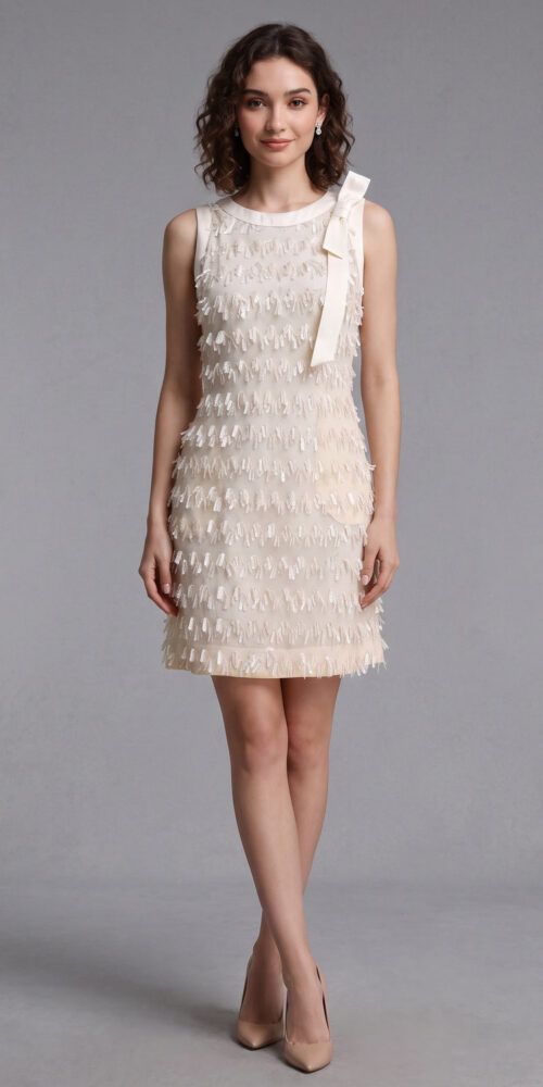 2bde914558ed7a7a CREAM TEXTURED SHIFT DRESS WITH FRINGE TRIM