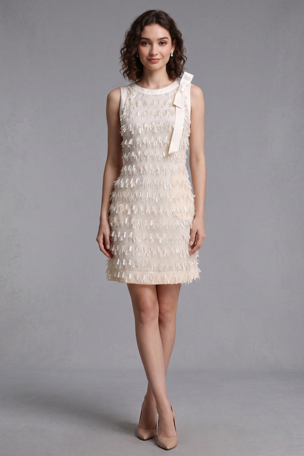 2bde914558ed7a7a CREAM TEXTURED SHIFT DRESS WITH FRINGE TRIM