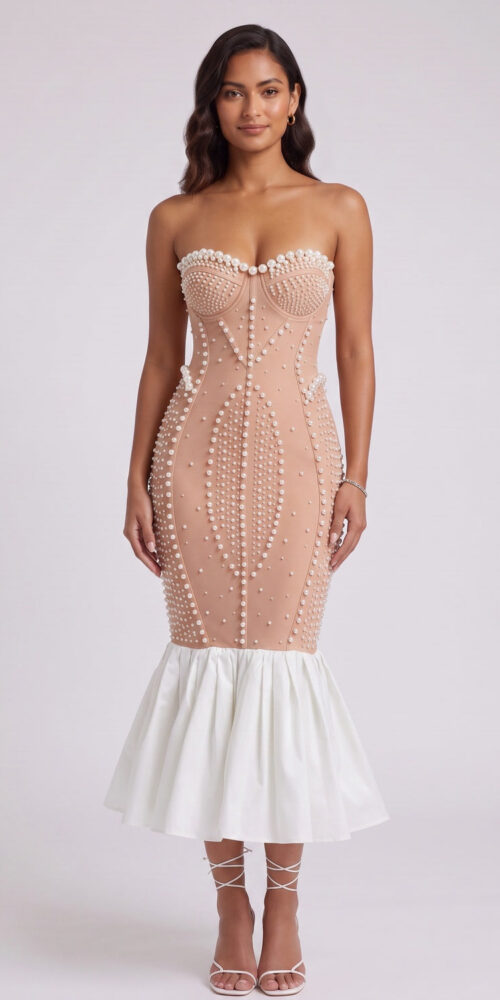 2c049db21ee86ea4 NUDE PEARL MERMAID MIDI DRESS – WEDDING GUEST