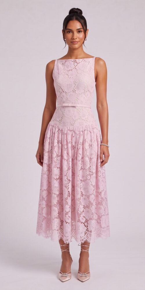 2c72fb5c4eb7ce5f LIGHT PINK FLORAL LACE A-LINE MIDI DRESS