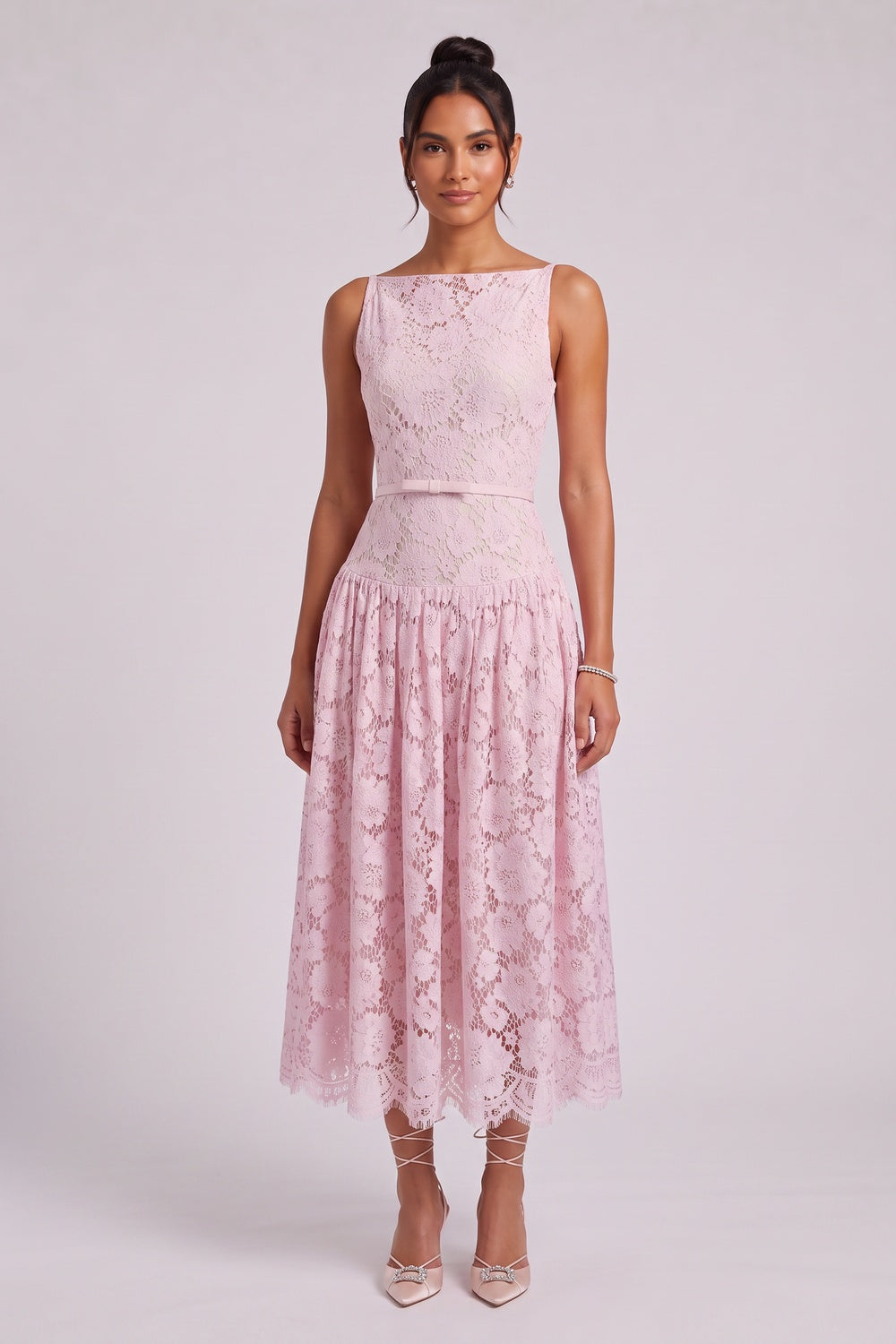 2c72fb5c4eb7ce5f LIGHT PINK FLORAL LACE A-LINE MIDI DRESS