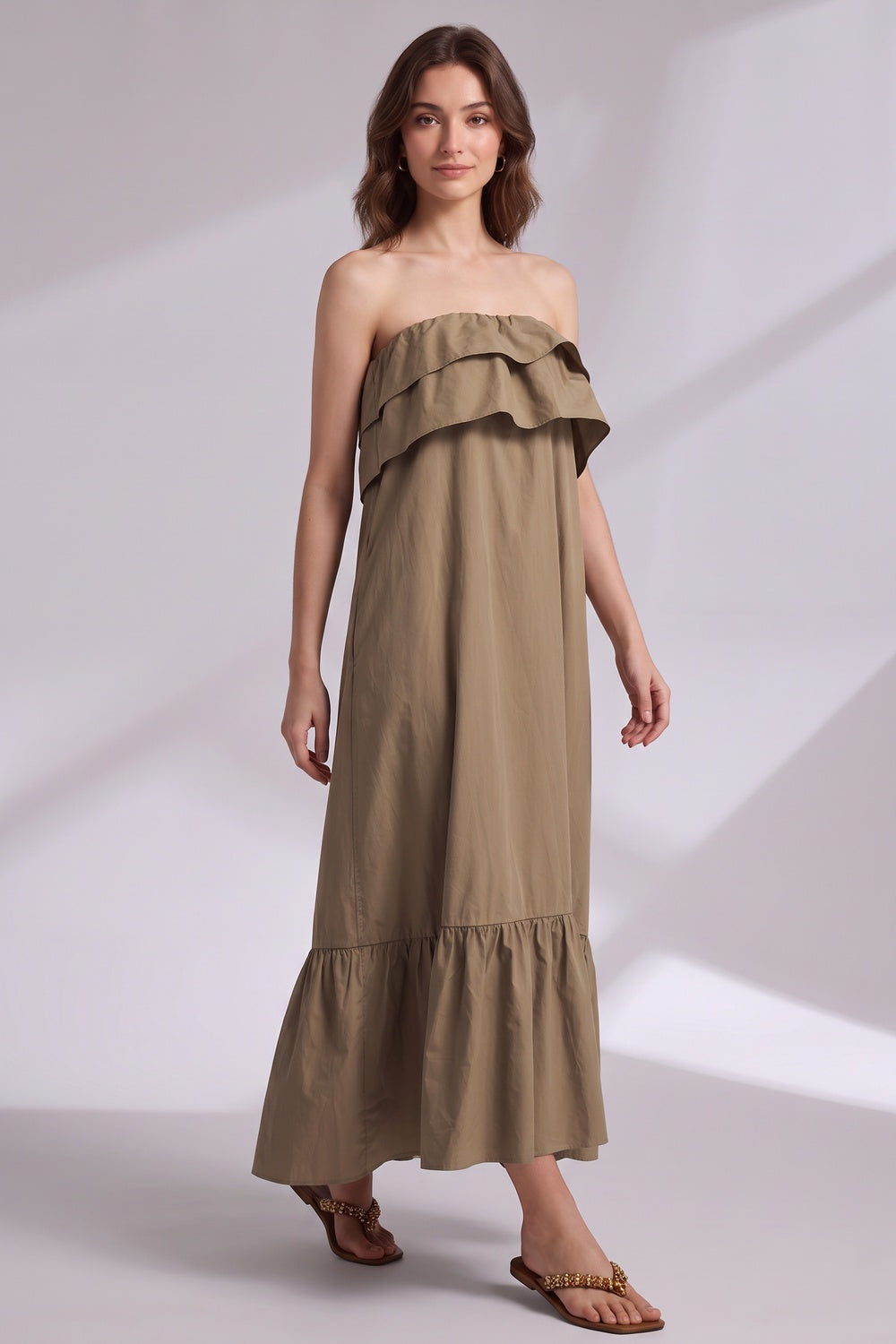 2cf6f154dbc494db KHAKI BROWN COTTON A-LINE TENT DRESS CASUAL