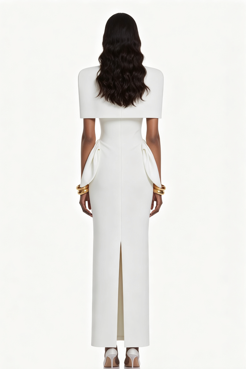 WHITE CREPE COLUMN TWO-PIECE GOWN ARCHITECTURAL SHOULDERS