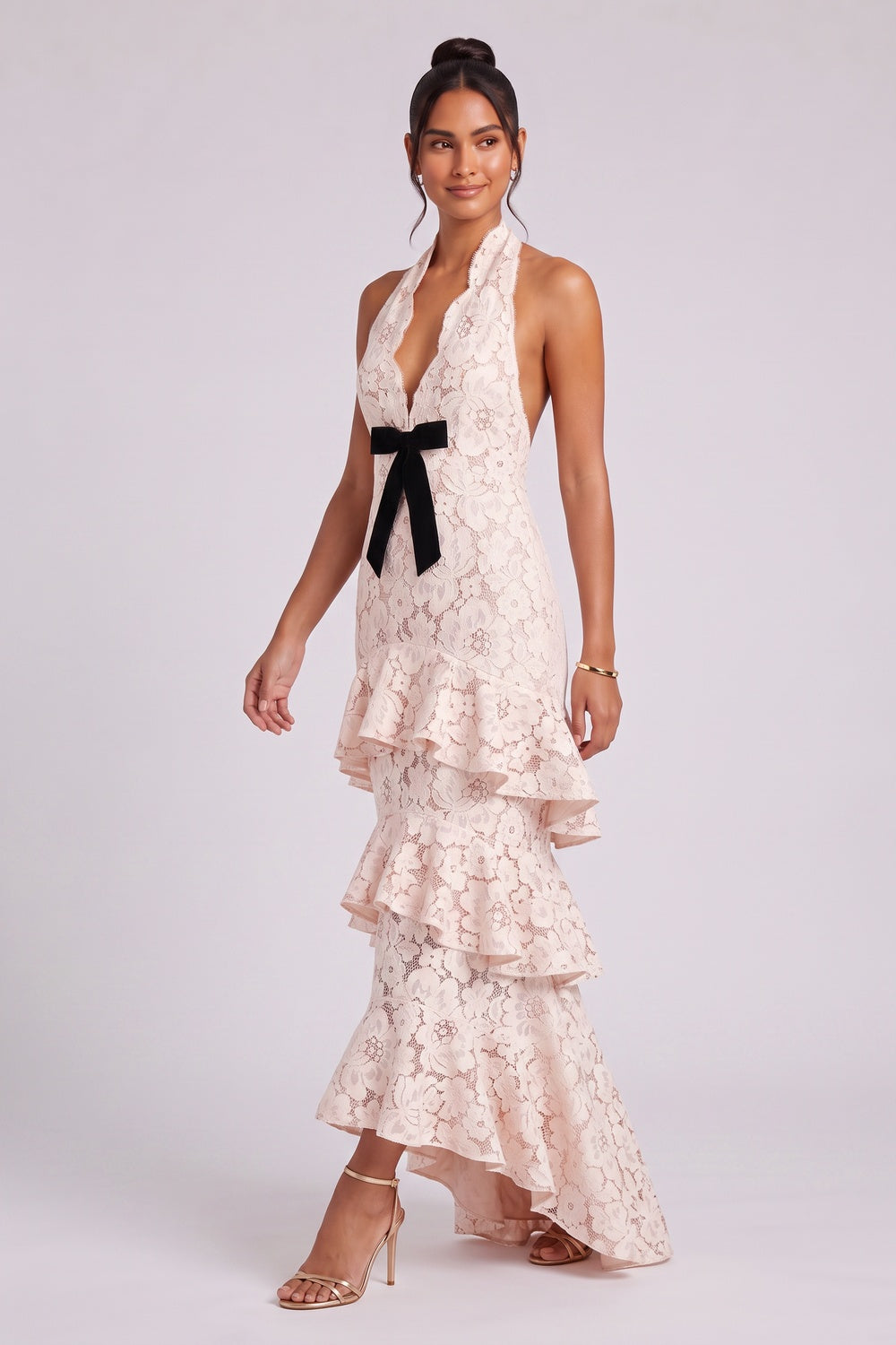 PINK FLORAL LACE HALTER MAXI GOWN – WEDDING GUEST