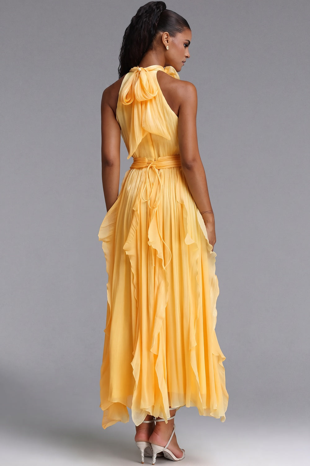 YELLOW CHIFFON HALTER A-LINE MAXI DRESS