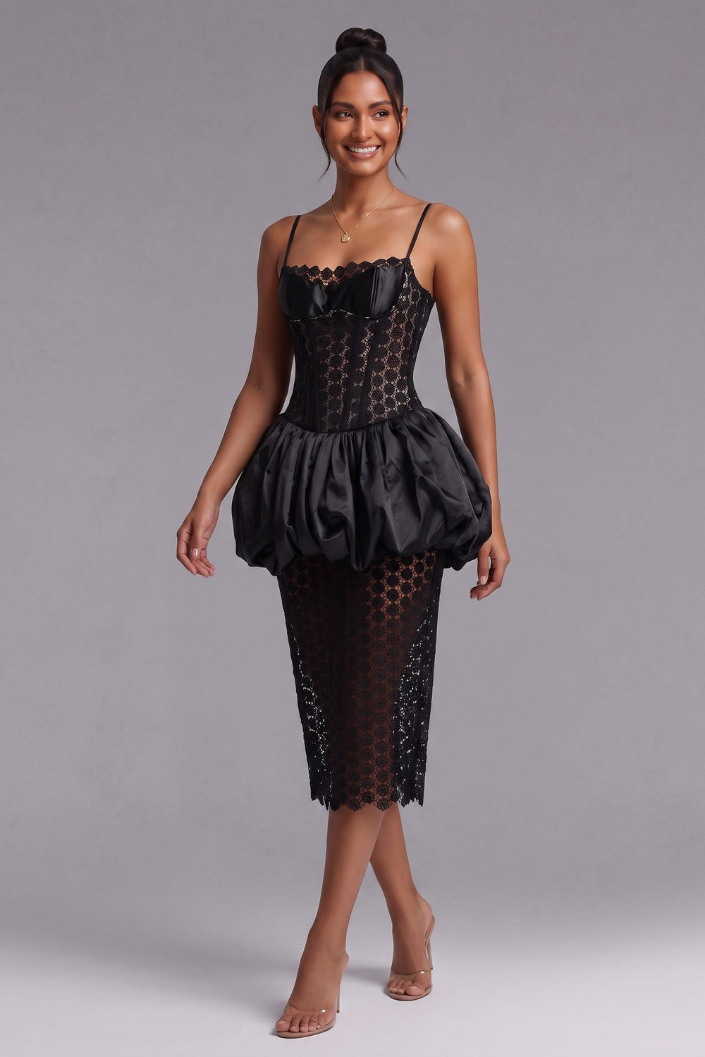 2f5aca9aacc8deb5 BLACK SATIN CORSET BUBBLE HEM MIDI DRESS