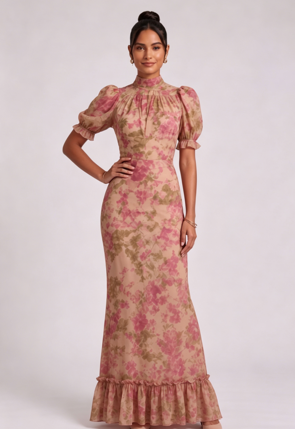 3042f65b52bd43a4f266166178e2e375 BEIGE FLORAL CHIFFON MERMAID DRESS | PUFF SLEEVE WEDDING GUEST