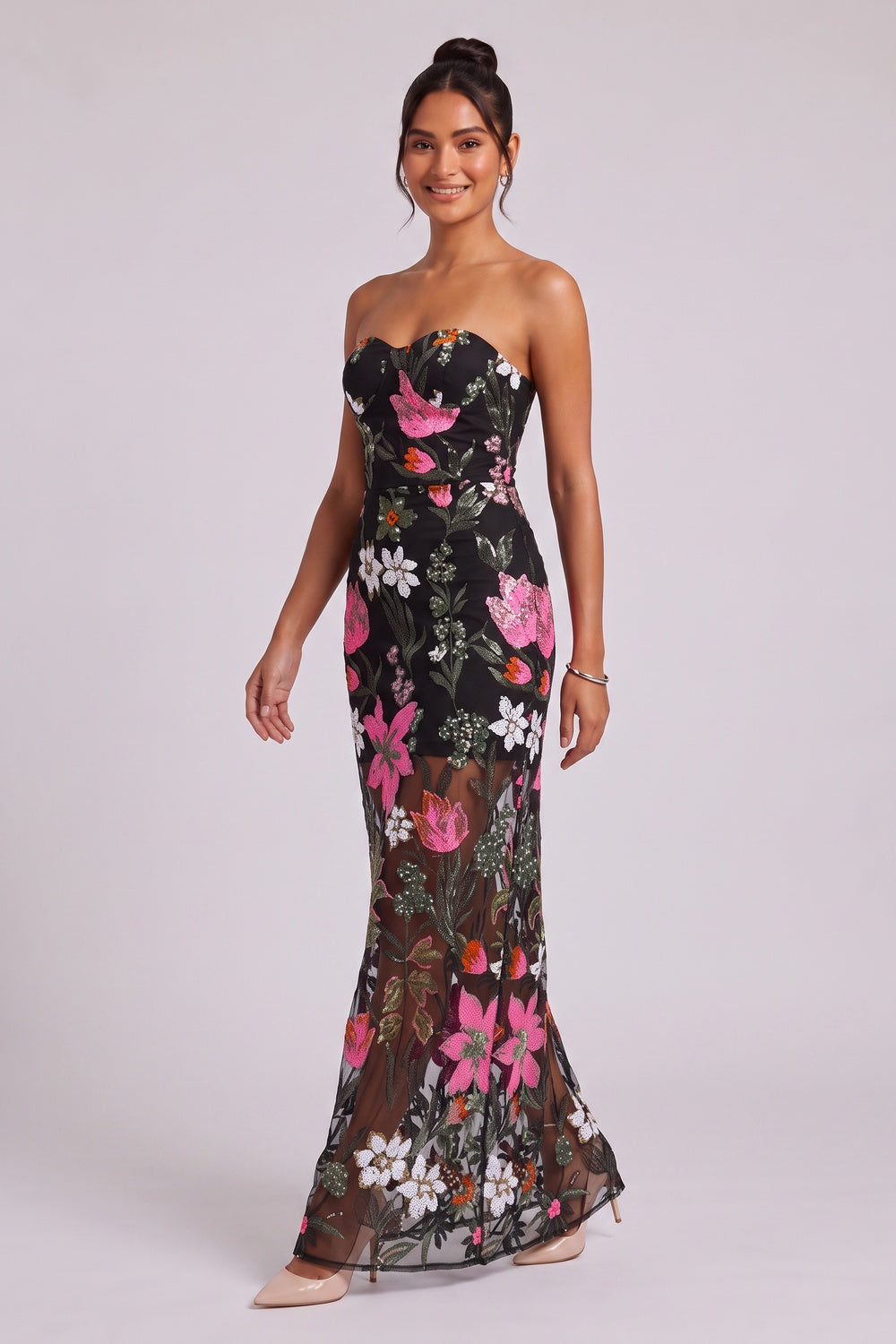 307ff6a0f2ead56b BLACK FLORAL EMBROIDERED MESH MAXI DRESS FOR EVENING