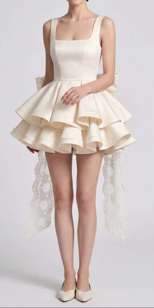 CREAM SATIN FIT-AND-FLARE MINI DRESS – RUFFLE PARTY