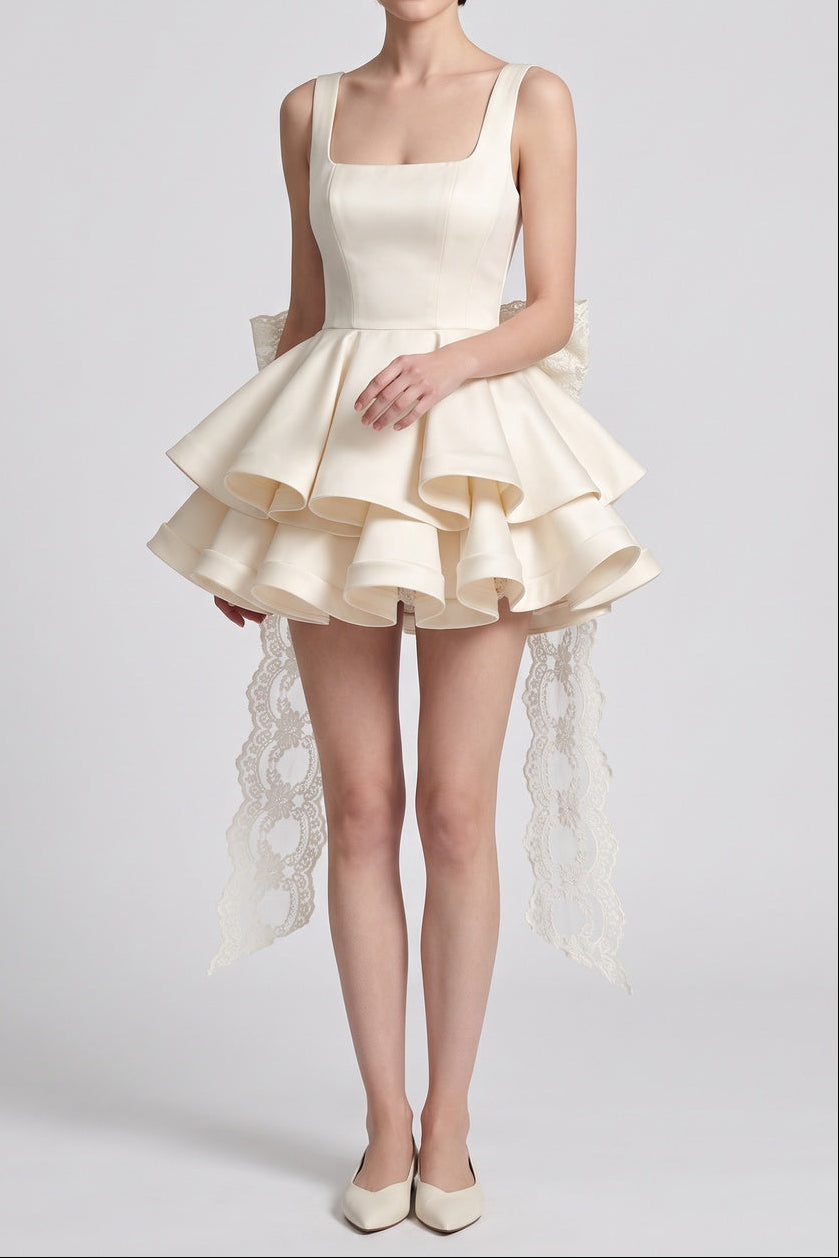 CREAM SATIN FIT-AND-FLARE MINI DRESS – RUFFLE PARTY