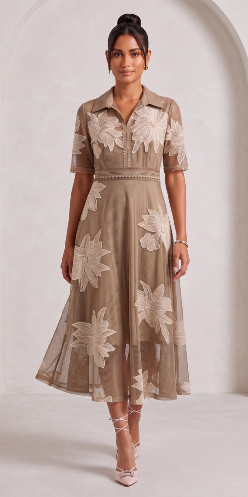 3422a6ac6ae23eb9 TAUPE TULLE A-LINE MIDI DRESS FLORAL APPLIQUE