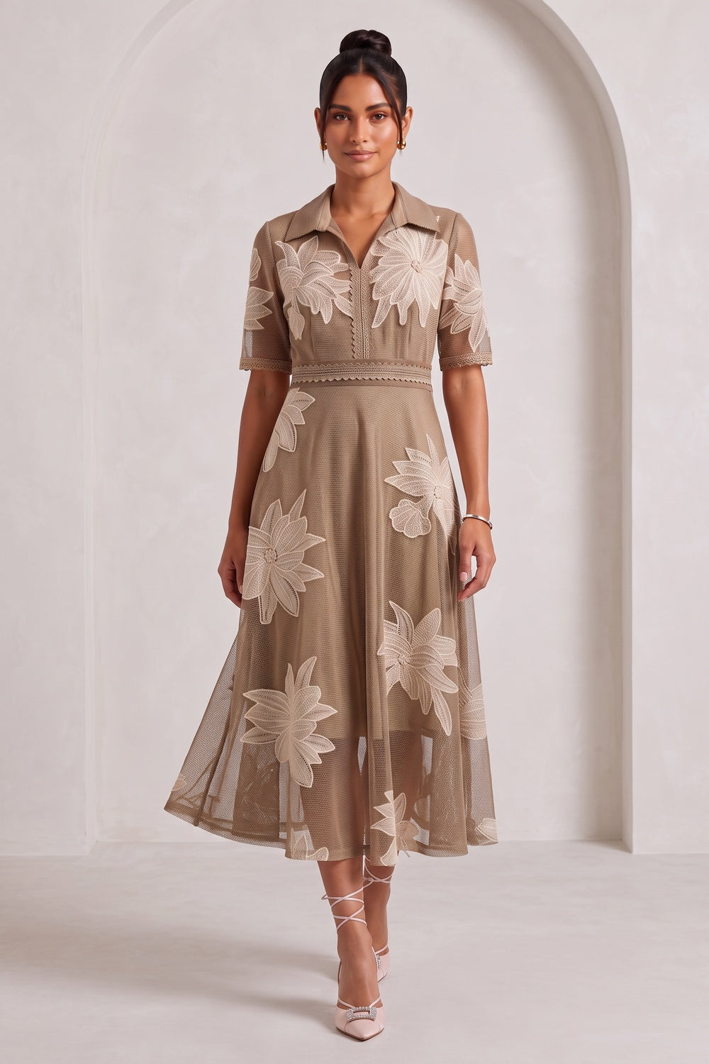 3422a6ac6ae23eb9 TAUPE TULLE A-LINE MIDI DRESS FLORAL APPLIQUE