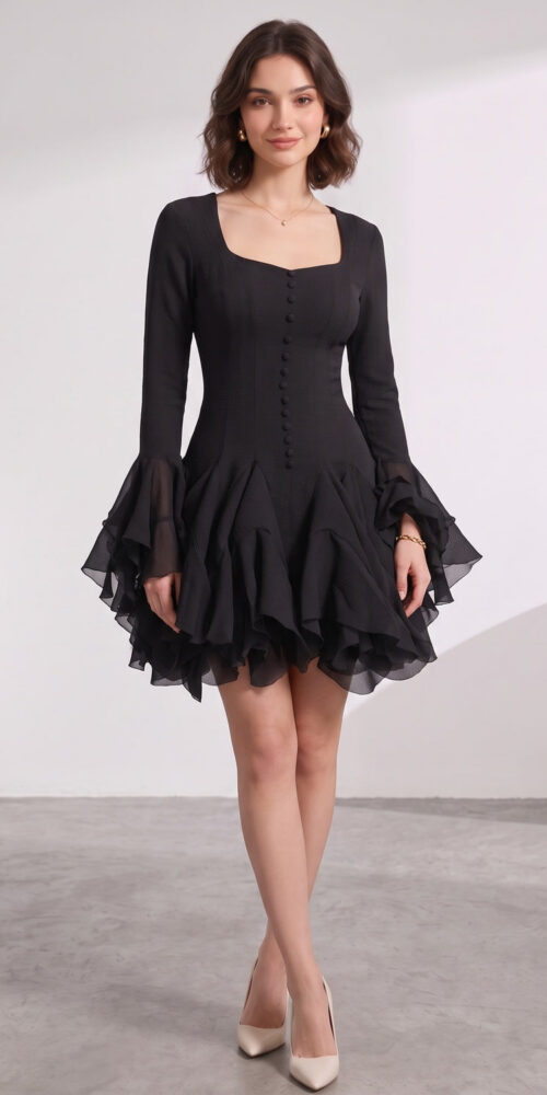 34c1cf82f5264e40 BLACK CREPE FIT-AND-FLARE COCKTAIL DRESS