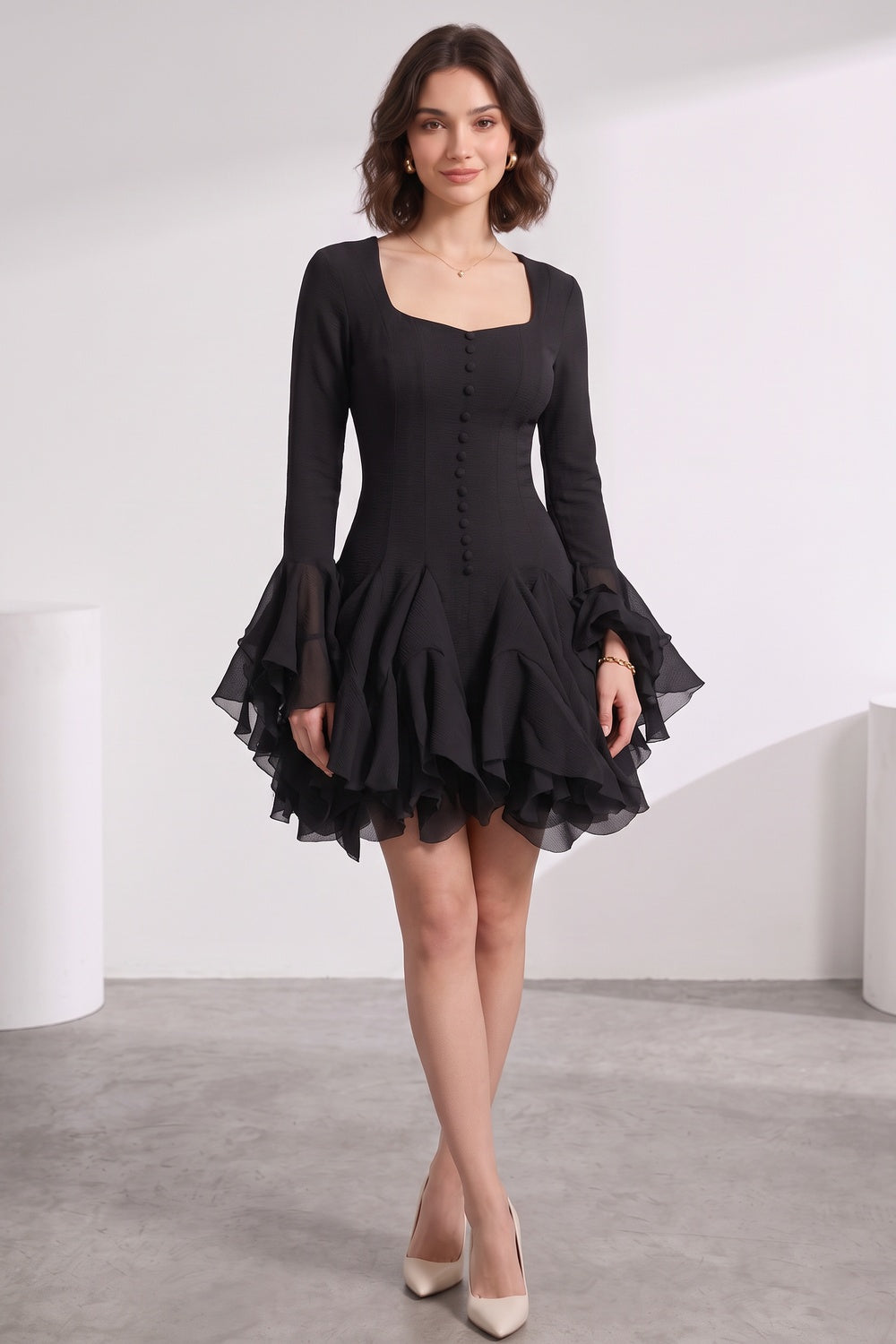34c1cf82f5264e40 BLACK CREPE FIT-AND-FLARE COCKTAIL DRESS