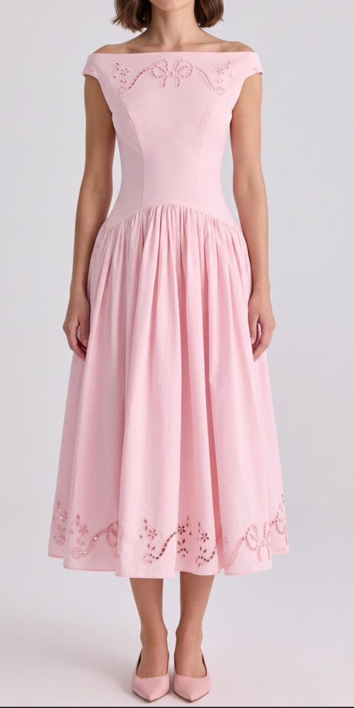 355943c18032980f LIGHT PINK EYELET FIT-AND-FLARE MIDI DRESS