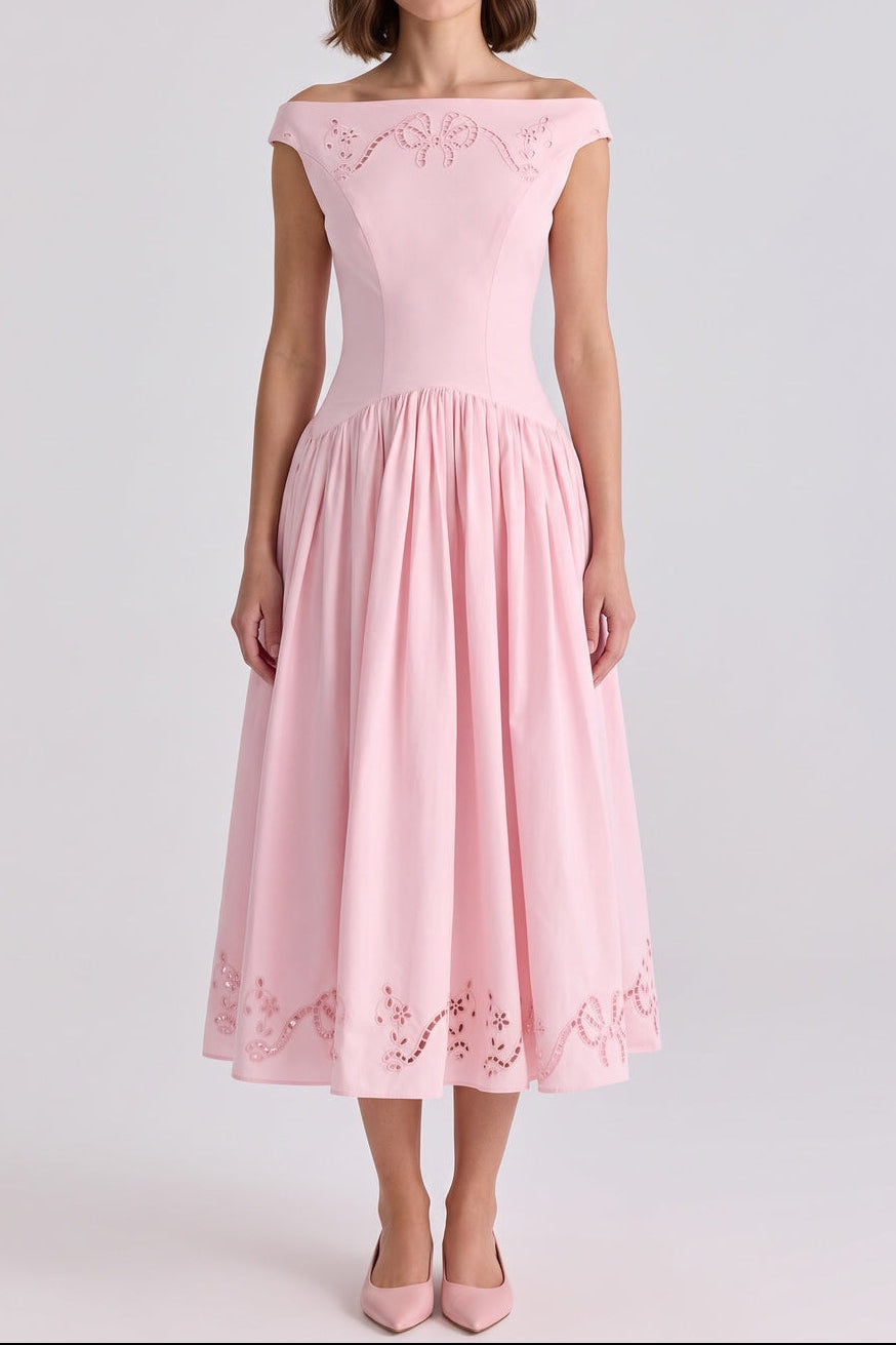 355943c18032980f LIGHT PINK EYELET FIT-AND-FLARE MIDI DRESS
