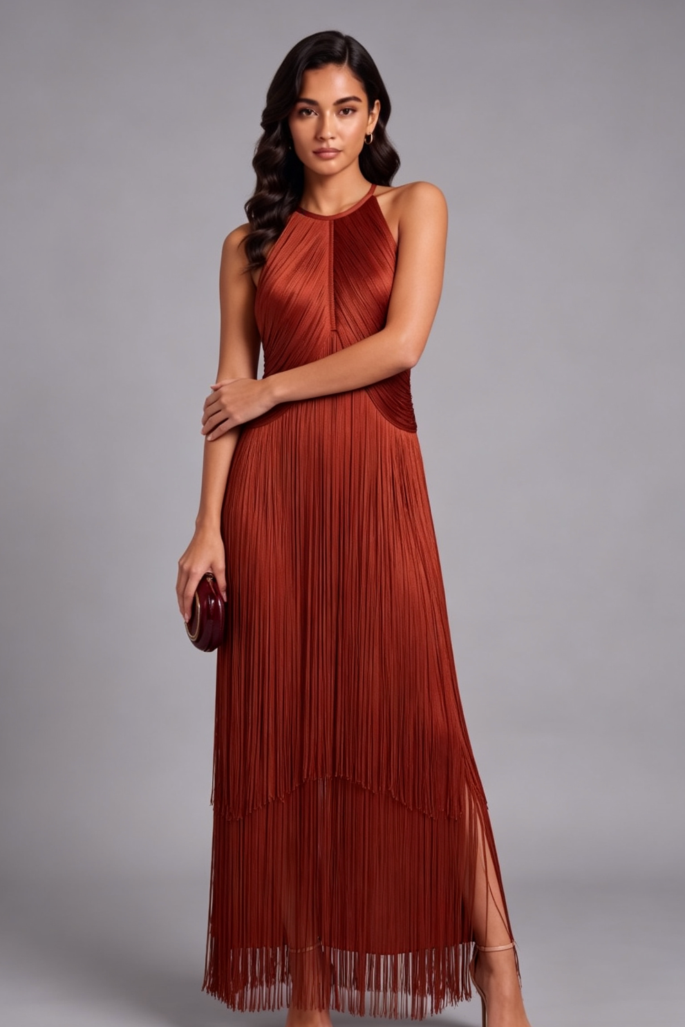 3569e510467dd1271e5fd73dc4c3e110 RUST FRINGE COLUMN DRESS – BOHO WEDDING GUEST STYLE