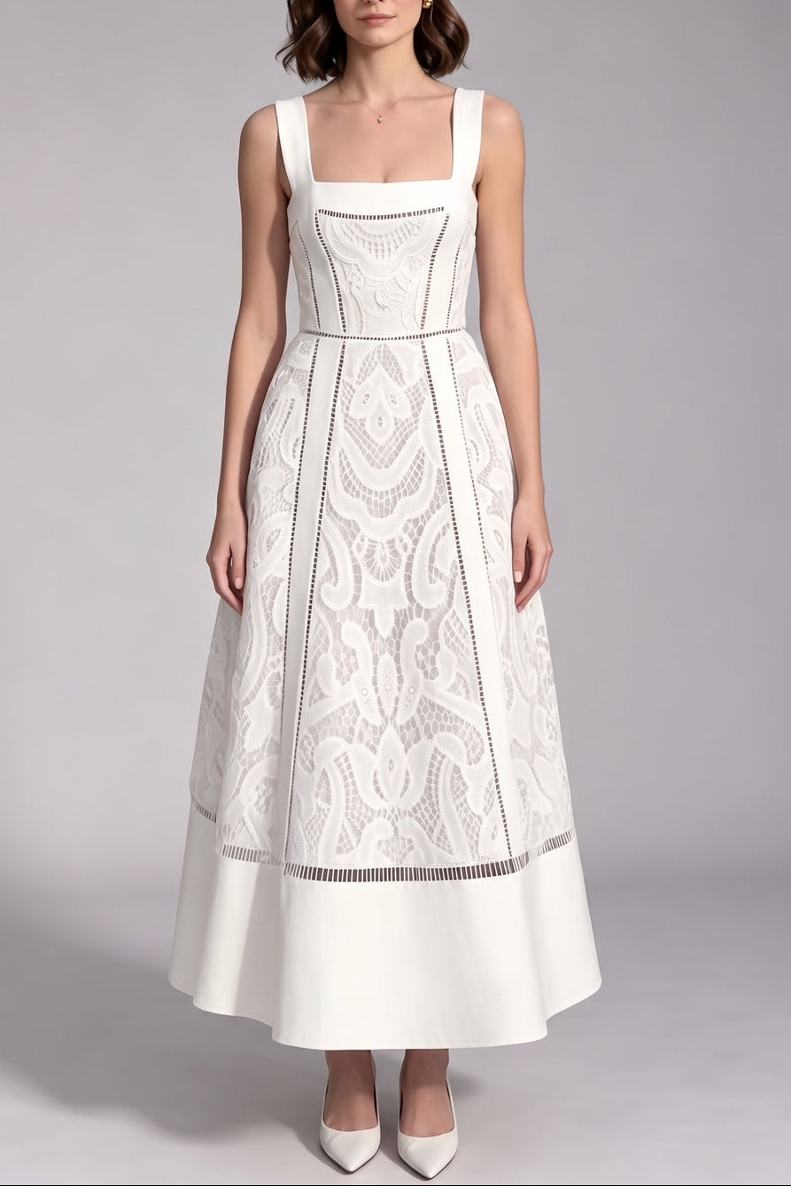 377880367b71af69 WHITE EYELET LACE A-LINE MIDI DRESS - SUMMER STYLE