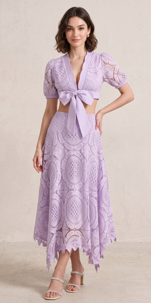 3933fca5680b92a4 LAVENDER CROCHET LACE CROP TOP & A-LINE SKIRT SET