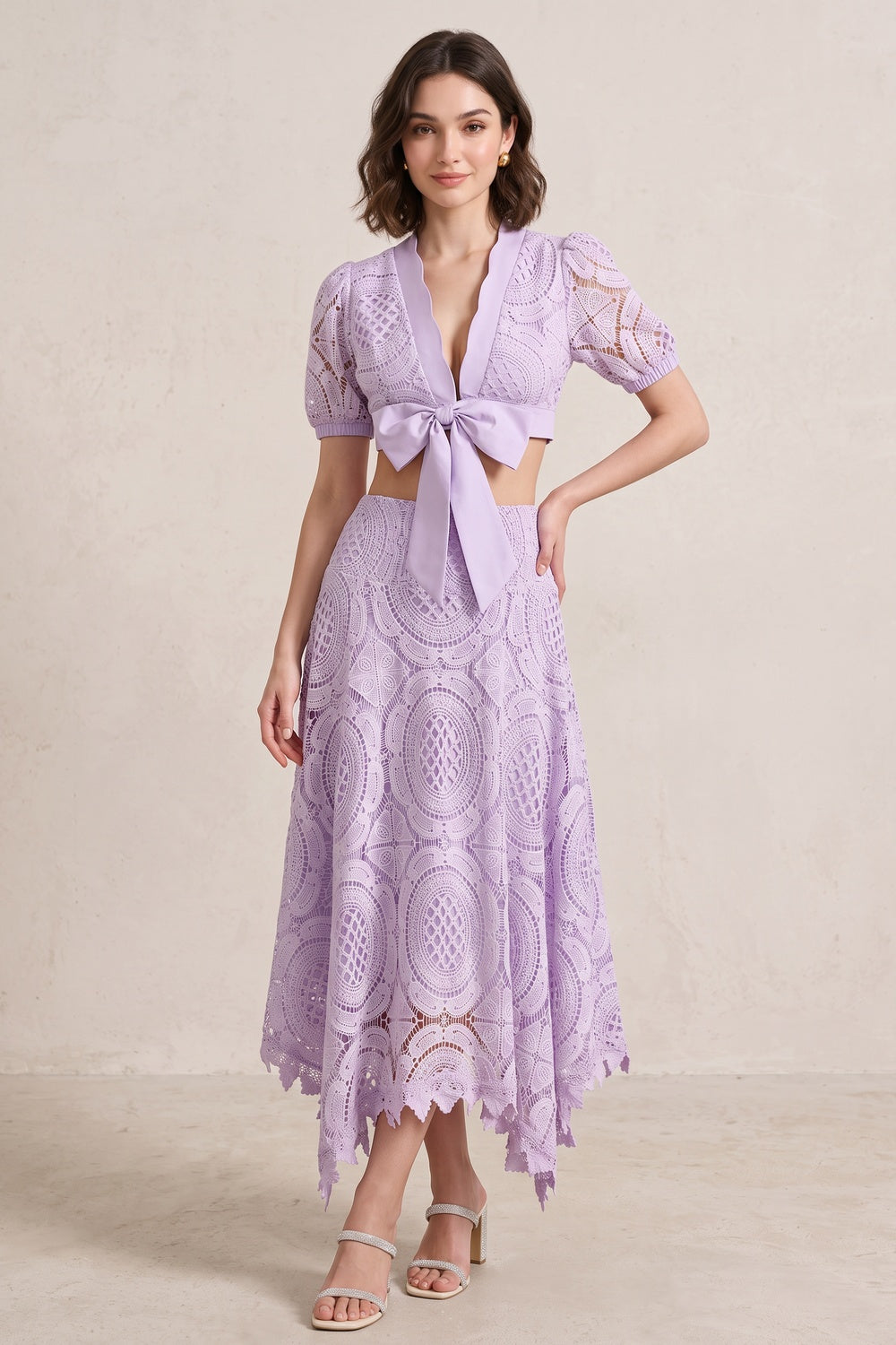 3933fca5680b92a4 LAVENDER CROCHET LACE CROP TOP & A-LINE SKIRT SET