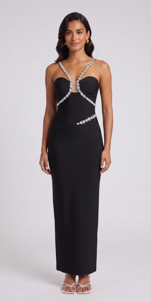 39d4bff4c94c2688 BLACK CRYSTAL COLUMN EVENING GOWN – STRETCH KNIT