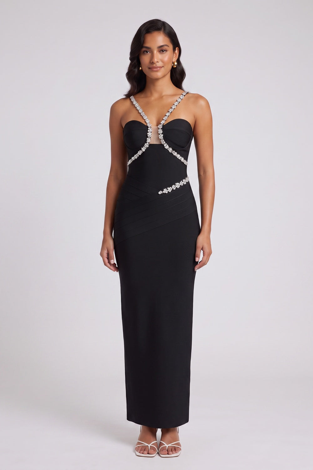39d4bff4c94c2688 BLACK CRYSTAL COLUMN EVENING GOWN – STRETCH KNIT
