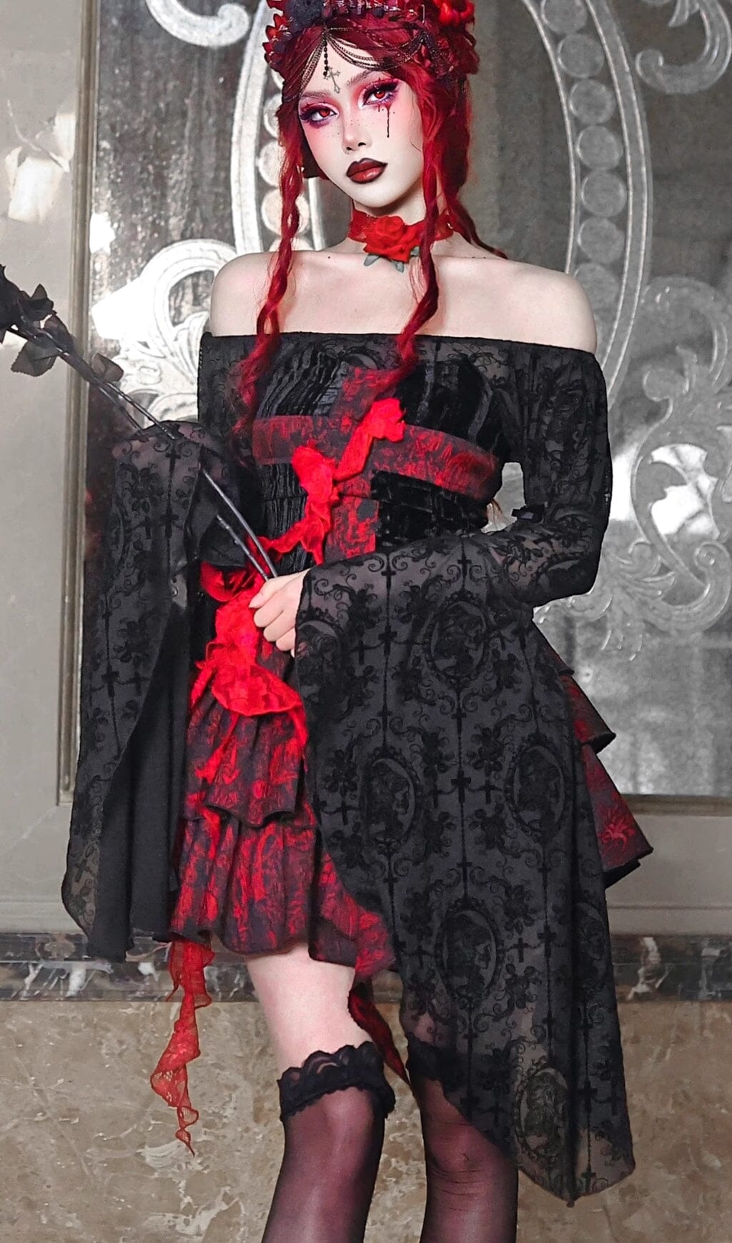 3_d4581825-13ec-4efa-b2e3-dd65d4226369 GOTHIC OFF-SHOULDER LACE MESH BELL SLEEVE BLOUSE