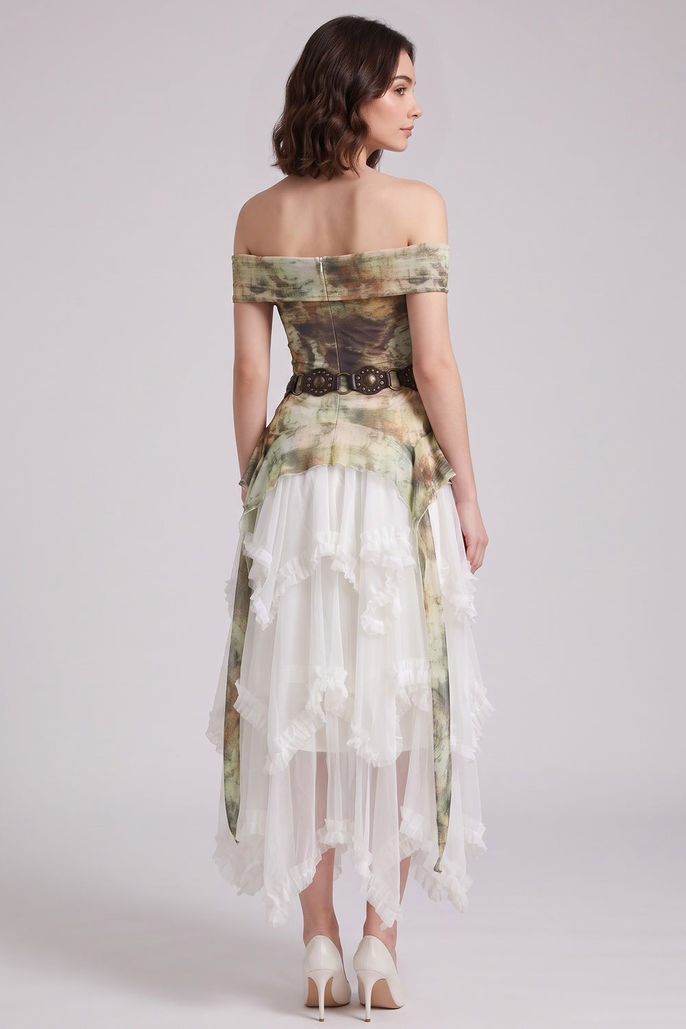 3a5b1a0f50e1f55d OLIVE A-LINE OFF-SHOULDER RUFFLE DRESS - WEDDING GUEST